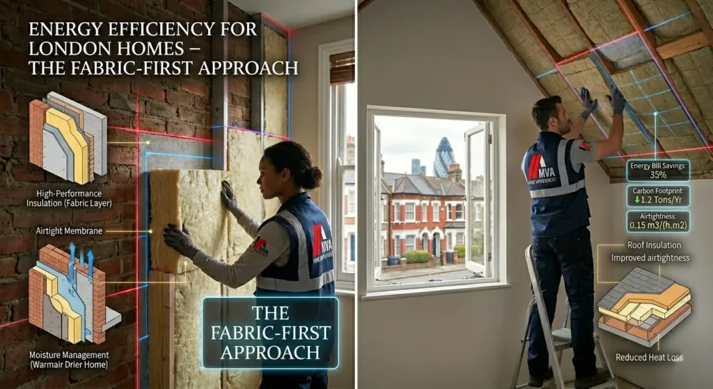 A fabric-first approach for London homes with insulation layers on a brick wall, shown by MVA Home Improvement using marked diagrams.