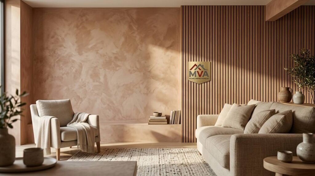Textural London living room with limewash walls, slatted timber panelling and natural materials by MVA Home Improvement.