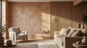 Textural London living room with limewash walls, slatted timber panelling and natural materials by MVA Home Improvement.