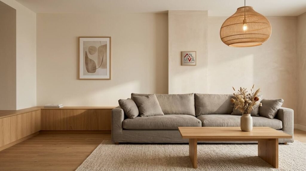 Midimalist London living room with grey linen sofa, oak coffee table and built-in cabinets by MVA Home Improvement.