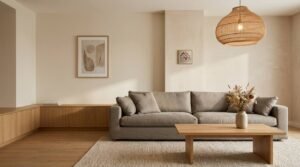 Midimalist London living room with grey linen sofa, oak coffee table and built-in cabinets by MVA Home Improvement.