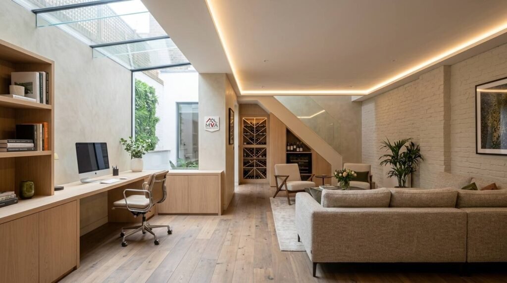 Converted London basement home office with light well, built-in desk and under-stairs wine rack by MVA Home Improvement.