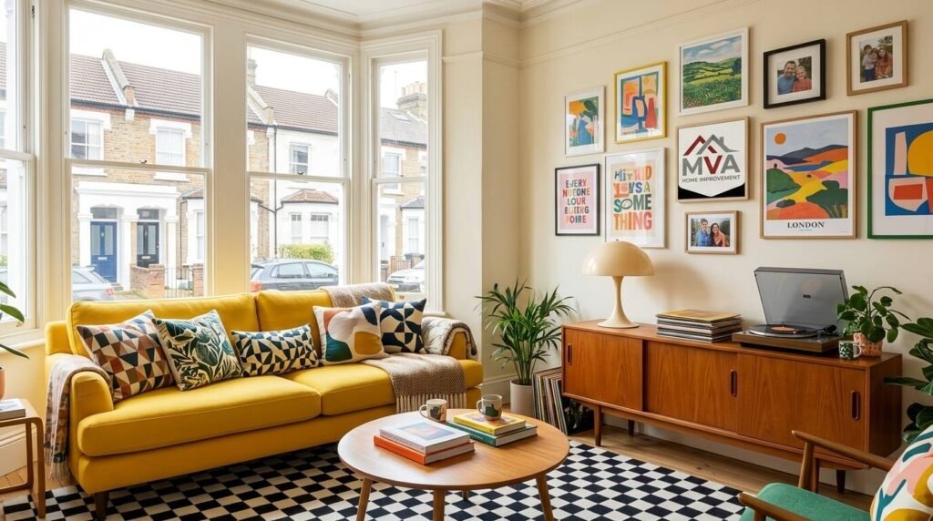 Joyful London living room with yellow sofa, gallery wall and playful colourful decor by MVA Home Improvement.