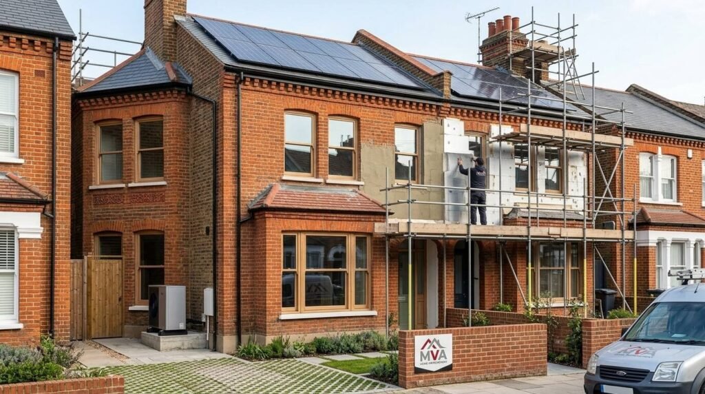 London Victorian home undergoing retrofit-first renovation with solar panels, heat pump and new glazing by MVA.